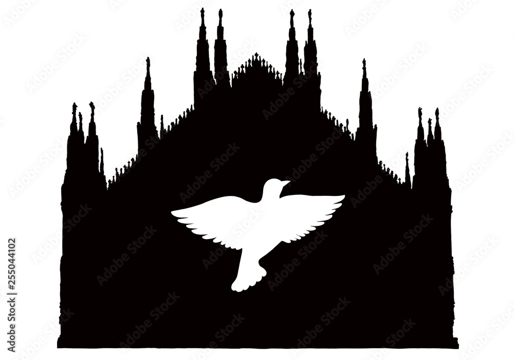 Silhouette Milan Cathedral with white dove