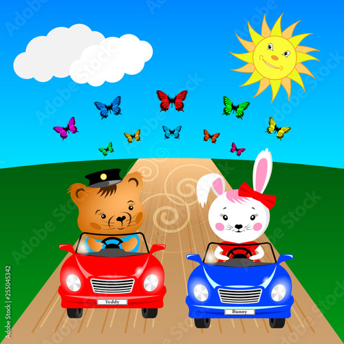 teddy bear and Bunny in cars