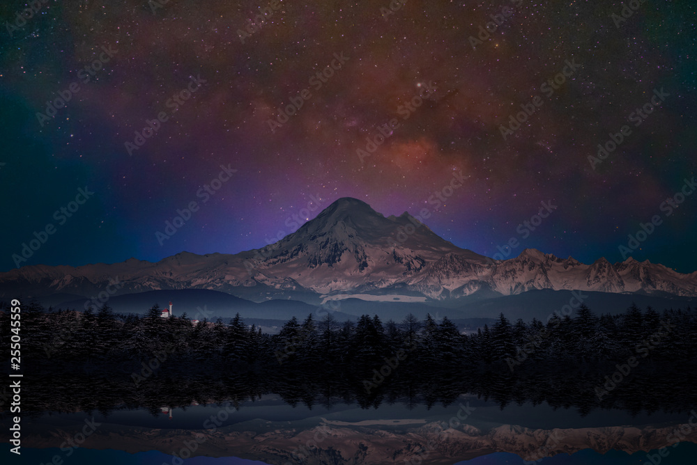 Milky way reflection in lake,Night sky with stars and the milky way over a mountain lake. 