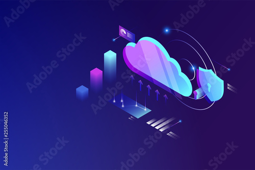 Cloud data computing isometric concept. cloud online data storage technology