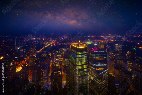Starry night aerial view of New York City,New York. Manhattan skyline at night.