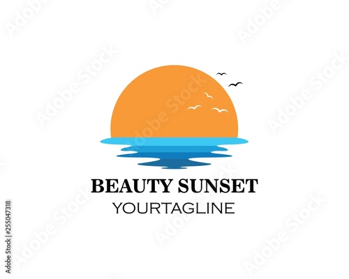wave sun seagull vector illustration