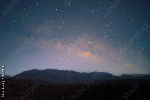 milky way, stary night landscape over mountain,