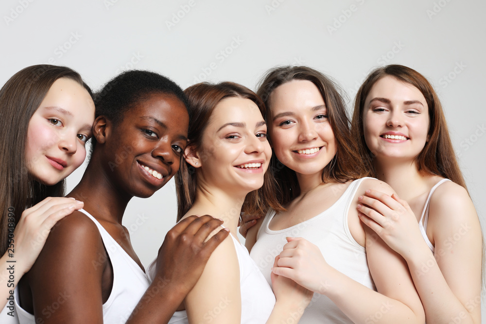five multiracial, african american, european and asian girls