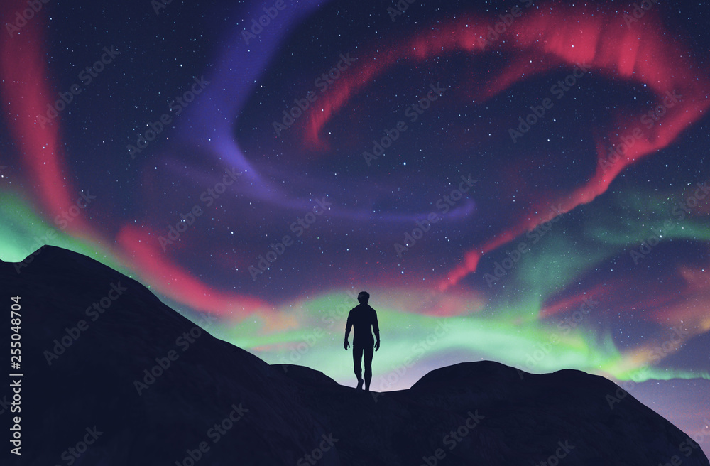 Man walking to the southern lights,3d rendering