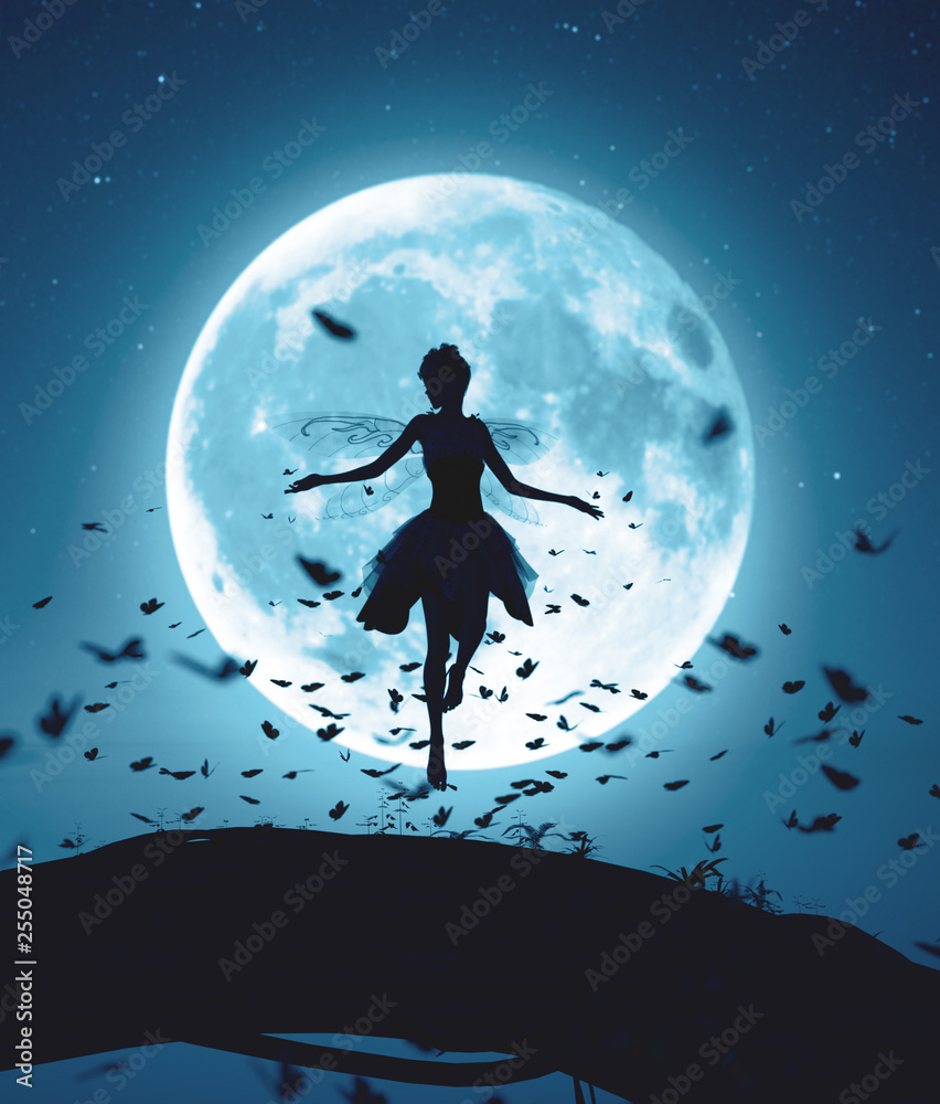3d rendering of a fairy flying in a magical night surrounded by flock butterflies in moonlight - obrazy, fototapety, plakaty 