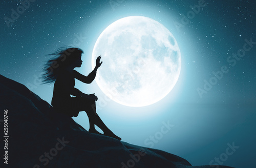 Alone girl touching the moon in starry night,3d rendering