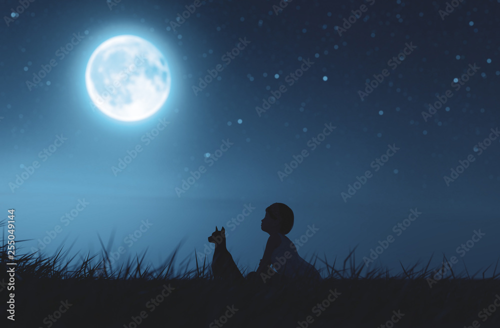 Girl with her dog sitting on grass field looking to the moon,3d rendering