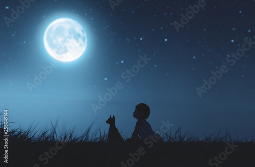 Photo Girl with her dog sitting on grass field looking to the moon,3d rendering