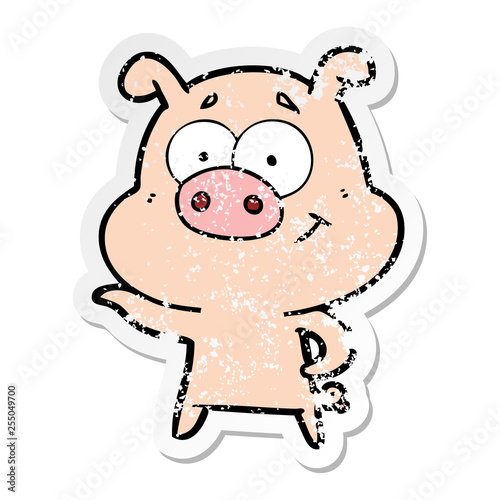 Fototapeta Naklejka Na Ścianę i Meble -  distressed sticker of a cartoon pig pointing