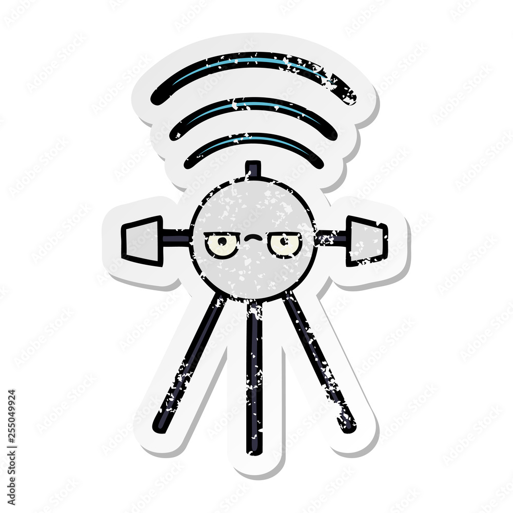distressed sticker of a cute cartoon satellite distressed sticker of a cute cartoon satellite
