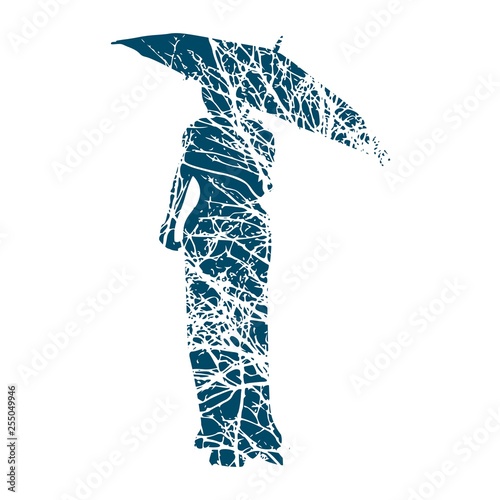 Business Woman Silhouette With Umbrella Standing Full Length Over White Background. Double exposure