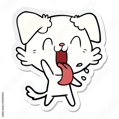sticker of a cartoon panting dog waving