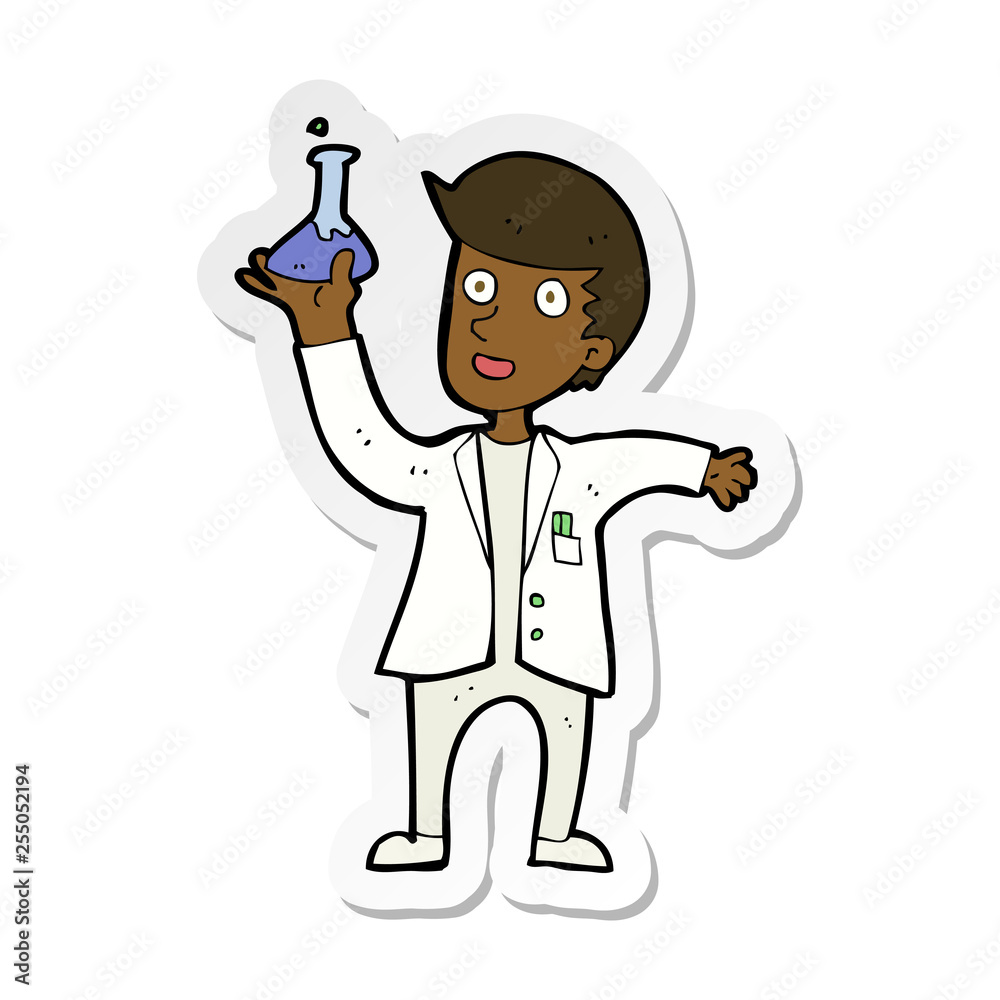 sticker of a cartoon happy scientist