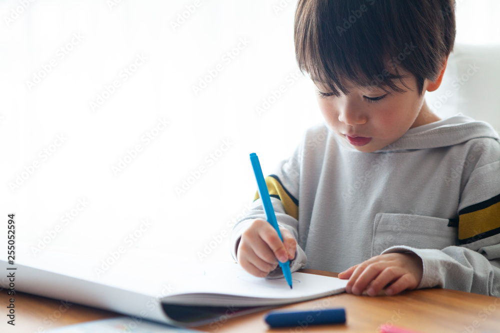 絵を描く事に集中している男の子 絵を描く事に集中している男の子