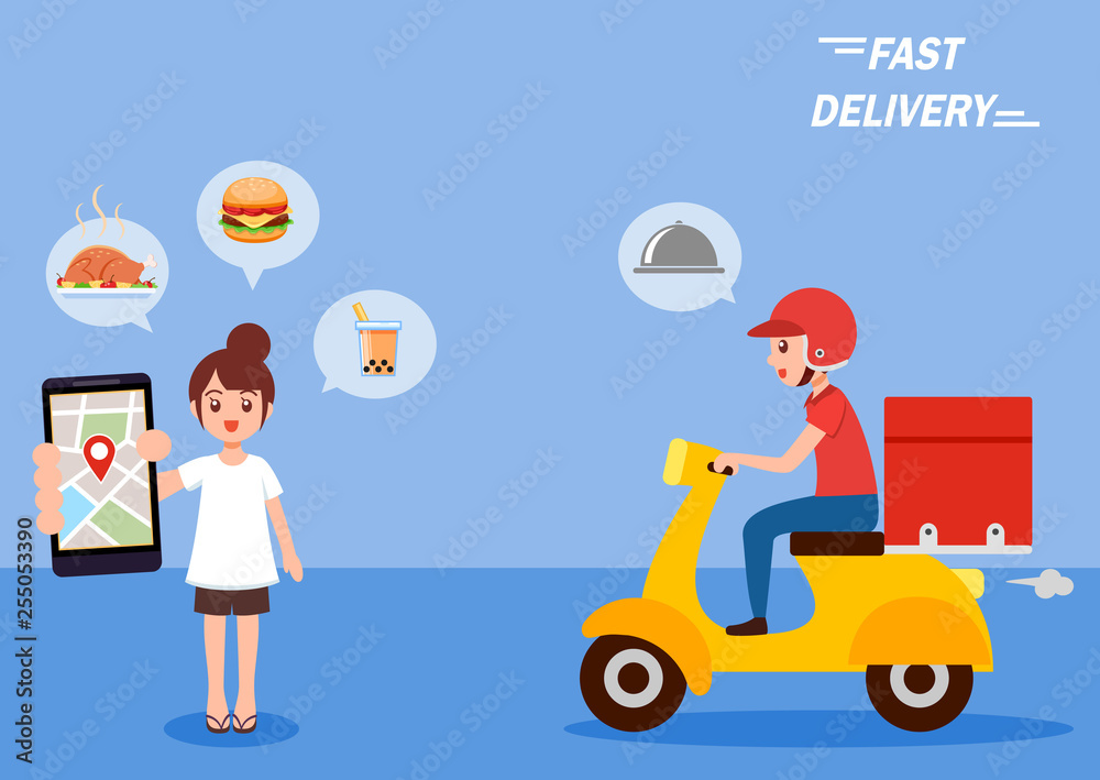 delivery man and customer ordering food by smartphone. online app. Vector illustration isolated on EPS10.