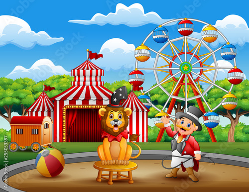 Cartoon ringmaster and a lion in the circus arena