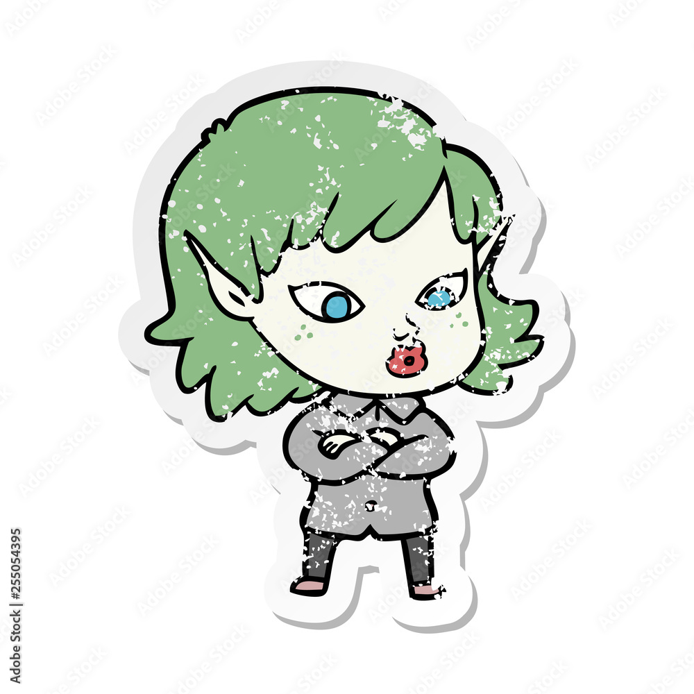 distressed sticker of a pretty cartoon elf girl