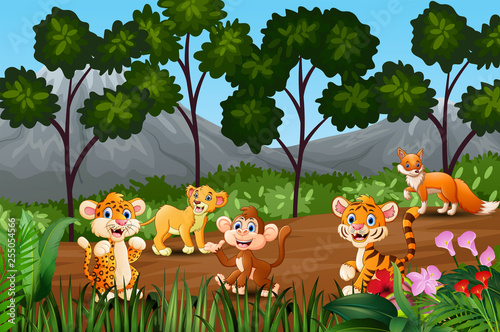 Group of wild animals gathering on the fringe of forest