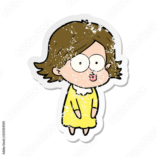 distressed sticker of a cartoon girl pouting