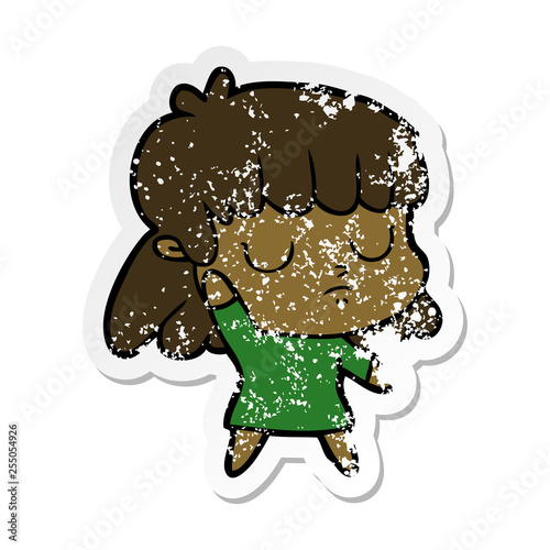 distressed sticker of a cartoon indifferent woman