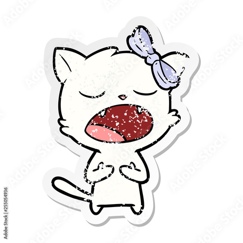 distressed sticker of a cartoon cat meowing