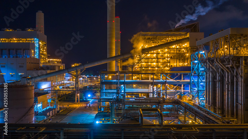 Power station, Combined heat power plant at night, Large combined cycle power plant.