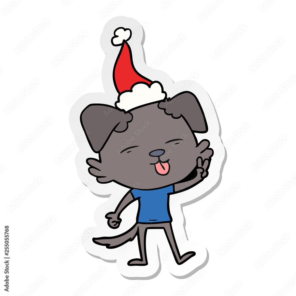 sticker cartoon of a dog sticking out tongue wearing santa hat sticker cartoon of a dog sticking out tongue wearing santa hat