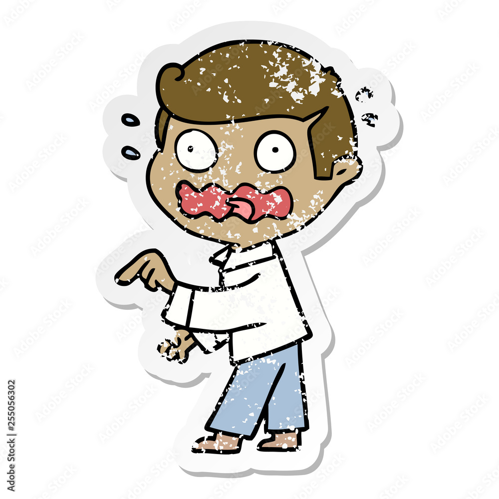 Fototapeta premium distressed sticker of a cartoon stressed out pointing