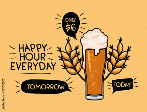 happy hour beers label with glass and leafs