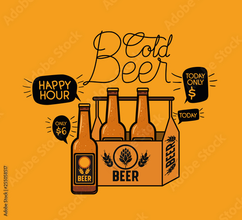 happy hour beers label with bottles in basket