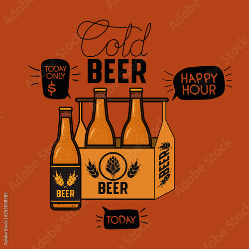 happy hour beers label with bottles in basket