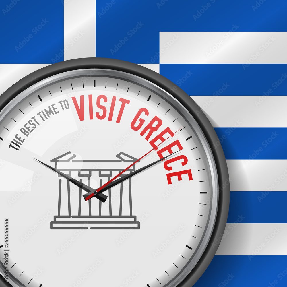The Best Time for Visit Greece. White Vector Clock with Slogan. Greek Flag  Background. Analog Watch. Parthenon Icon Stock Vector | Adobe Stock