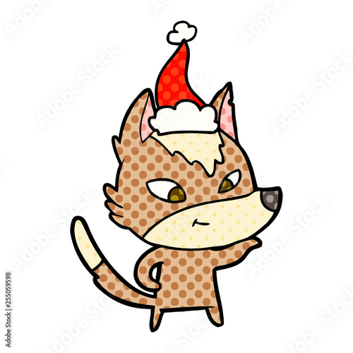 friendly comic book style illustration of a wolf wearing santa hat