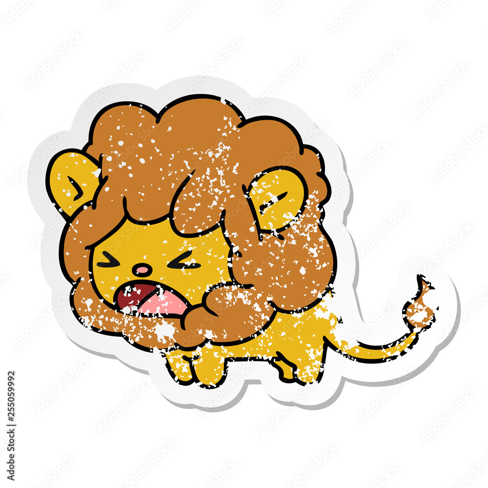 distressed sticker cartoon of cute kawaii roaring lion distressed sticker cartoon of cute kawaii roaring lion