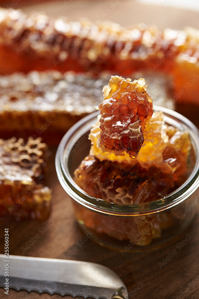 Honeycomb block in glass container Honeycomb block in glass container