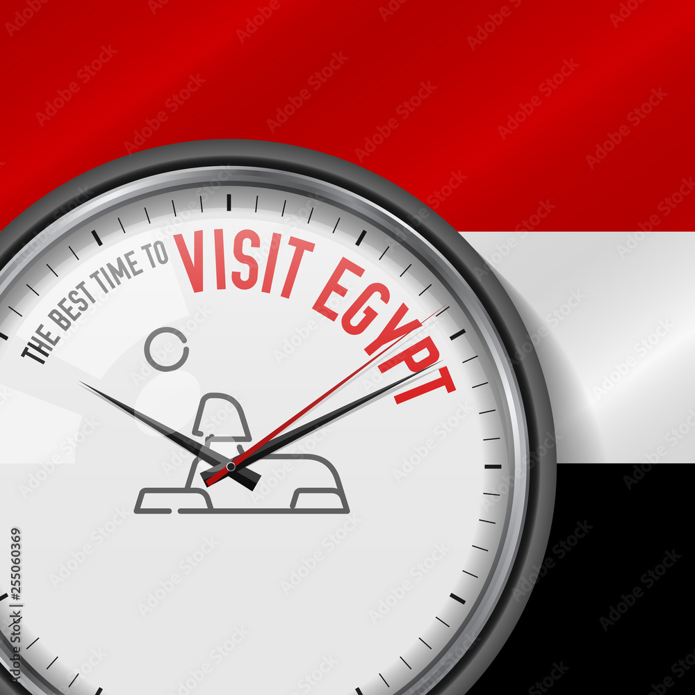 The Best Time for Visit Egypt. White Vector Clock with Slogan. Egyptian Flag Background. Analog Watch. Sphinx Icon The Best Time for Visit Egypt. White Vector Clock with Slogan. Egyptian Flag Background. Analog Watch. Sphinx Icon