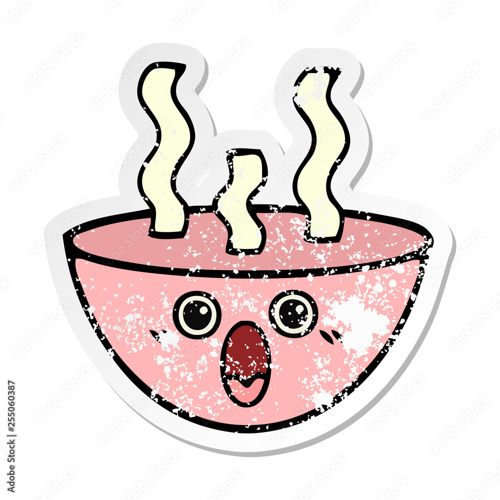 distressed sticker of a cute cartoon bowl of hot soup distressed sticker of a cute cartoon bowl of hot soup