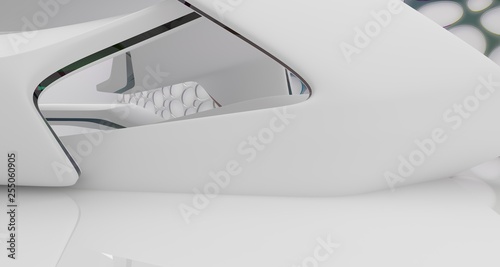 Abstract white and colored gradient glasses interior multilevel public space with window. 3D illustration and rendering.