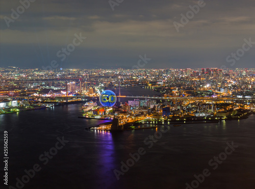 Osaka cityscape beautiful night view of Osaka Bay in Japan. view from cosmo tower. © nonchanon