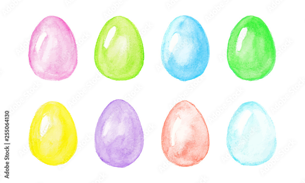 Colorful watercolor eggs for Easter. Pale tone coloring.