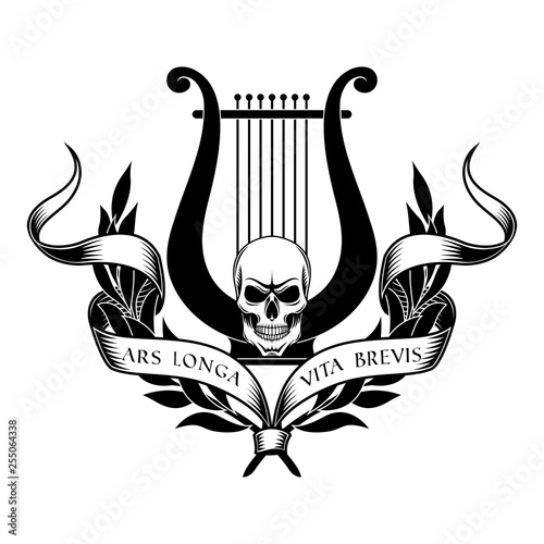 Lyre with skull, laurel wreath and ribbon. Art is long, life is short.