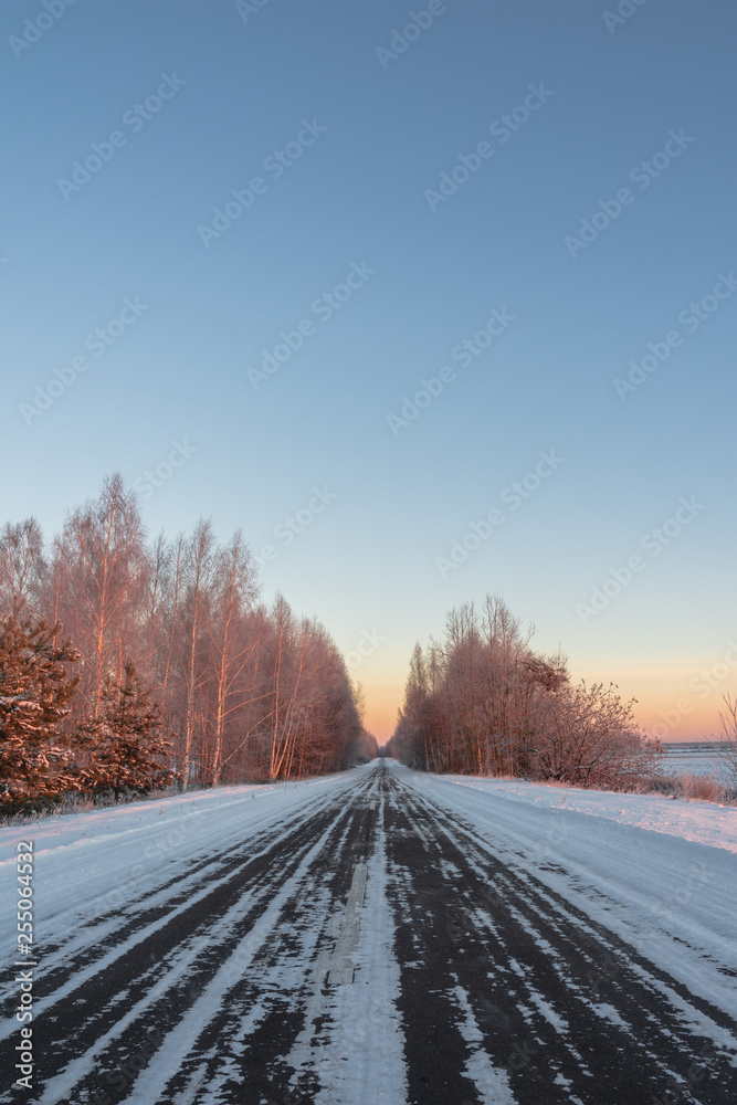 Snow-covered road in rural Russia of a frosty morning, around a field and forest