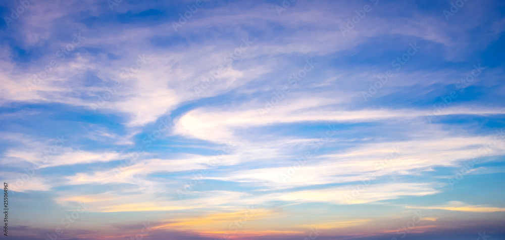 Blue sky background with white clouds At sunrise or sunset