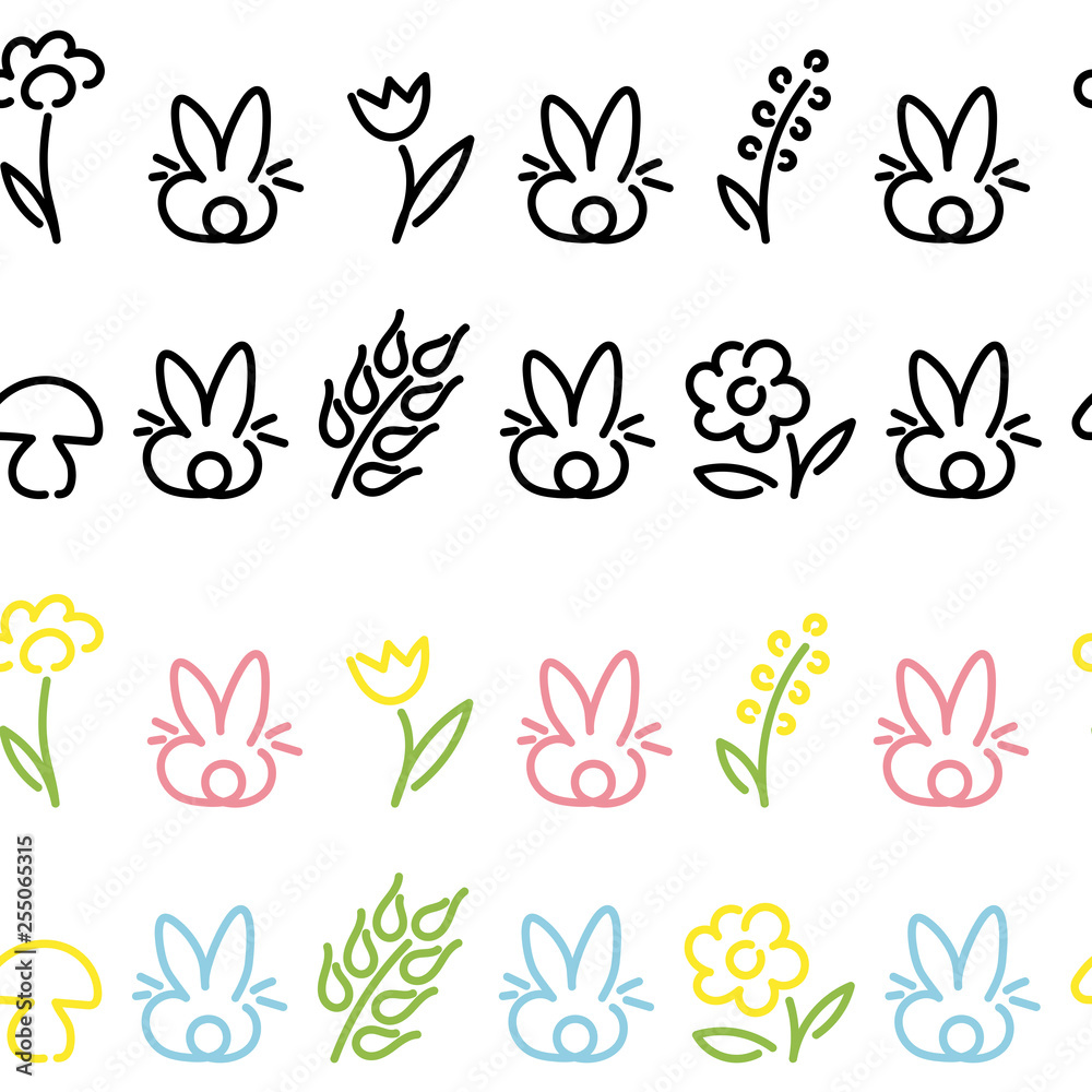 Obraz premium Seamless Borders. Cute rabbits, flowers, circles, diamonds. Design for children's clothing, ribbons, postcards. Vector.