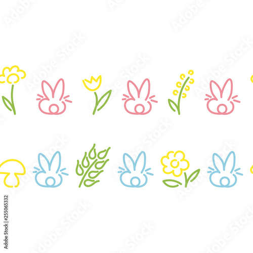 Seamless Borders. Cute rabbits, flowers, circles, diamonds. Design for children's clothing, ribbons, postcards. Vector.