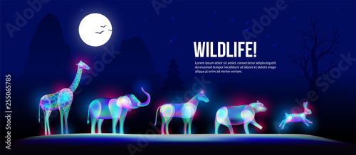Wildlife animals under fullmoon in fantasy light art style.