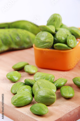 Parkia speciosa seeds or bitter bean on white background