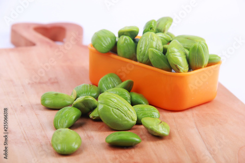 Parkia speciosa seeds or bitter bean on white background