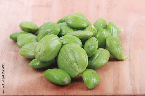Parkia speciosa seeds or bitter bean on white background